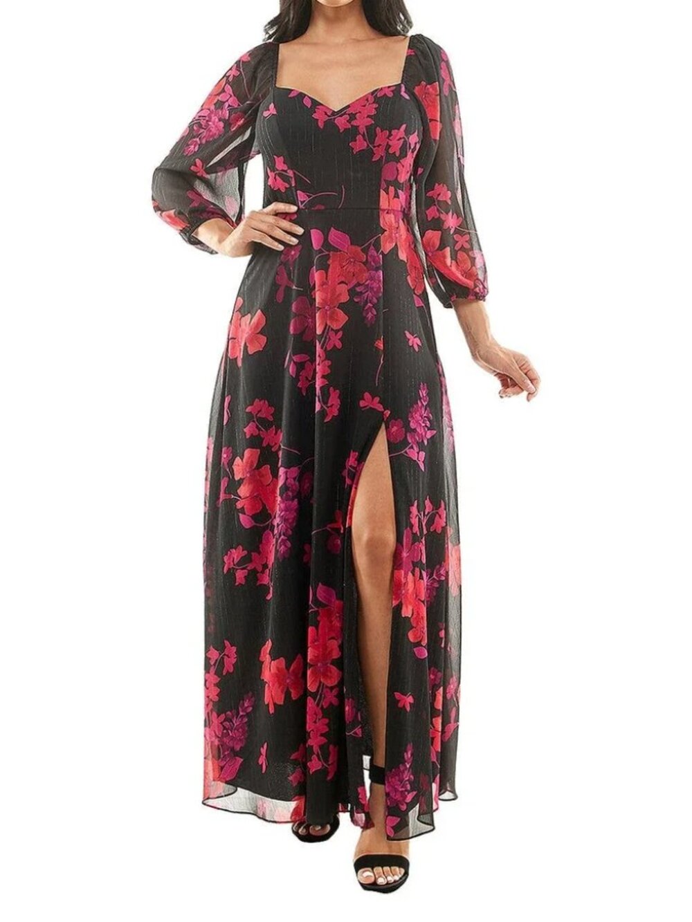 Premier Amour Maxi Dress Size 16 Floral 3/4 Sleeve Black Red Fuchsia Full length